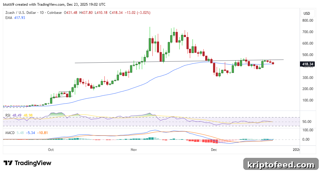 Zcash Price Forecast: ZEC Drops 5% to $410 as Bears Tighten Grip Despite $1,000 Targets 2 Zcash Price Chart